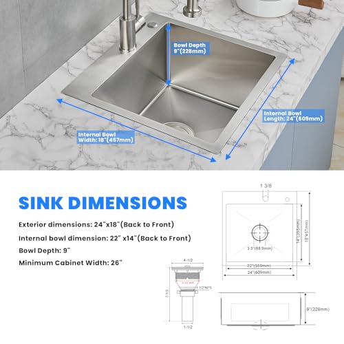 24×18 Inch Drop in Kitchen Sink (L 24"×W 18"×H 9" / Brushed)