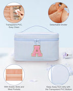 Personalized Initial Makeup Bag for Women Teen Girls (Blue)