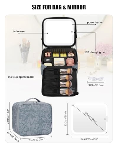 Travel Makeup Bag With LED Mirror (03-Dark Blue Flower / 1-Small)