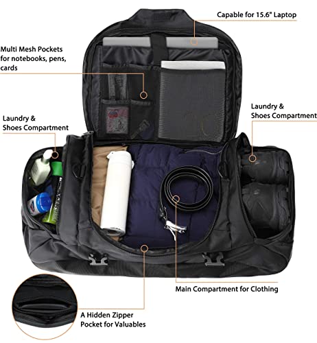 Convertible Duffel Backpack Multi Size Weekender Gym Bag Black 55L (55L / Black)
