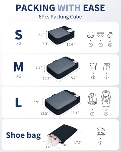 6 Set Packing Cubes for Travel Durable Suitcase Organizer Bags Set with Personalized Tag Travel Essentials with Shoe Bag Traveling Accessories for Luggage Machine Washable (Set of 6 / No Compress-Navy Blue)
