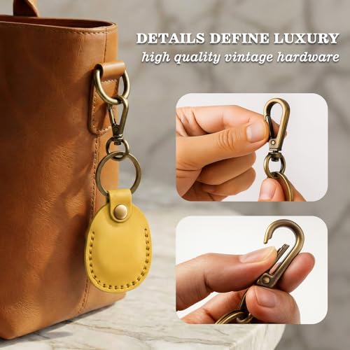 Genuine Leather Airtag Holder Compatible with Apple AirTag Keychain 2nd & 1st Gen (Yellow)