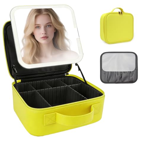 Travel Makeup Bag with LED Mirror Travel Makeup Organizer with 3 Lighted Settings (Yellow / With LED Mirror Only)