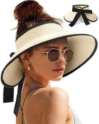 Women's Straw Sun Visor Hat UPF Wide Shade Ponytail Summer Hat (One Size / Beige)