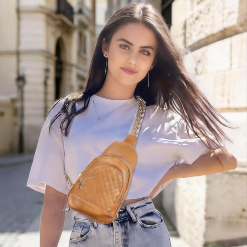 Crossbody Bags for Women Anti Theft Small Sling Handbag with Zipper Lock Vegan Leather RFID Blocking Chest Pure (Camel Brown)