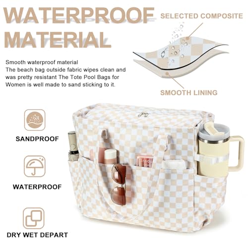 Waterproof Beach Tote Pool Bags for Women Ladies Extra Large Carry On Bag With Wet Compartment for Weekender Travel (Light Brown Checkered)