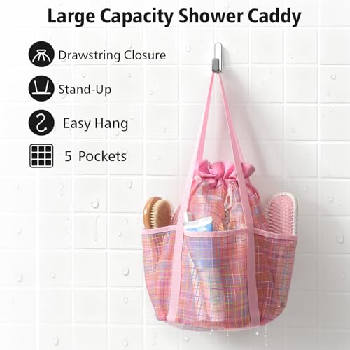 Mesh Shower Caddy Portable with Drawstring (Pink Grid)