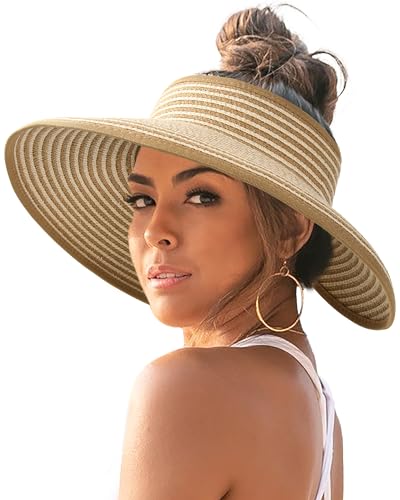Womens Sun Hat with Ponytail Hole Wide Brim Beach Straw Visor (Medium / 04-khaki Beige Stripes)