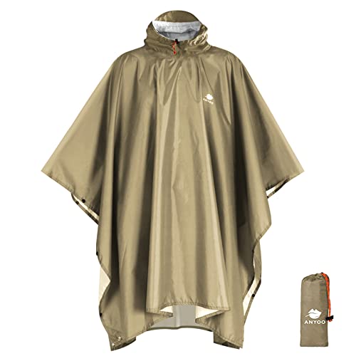 Hooded Rain Poncho for Adult Waterproof Lightweight Raincoat (Dark Khaki)