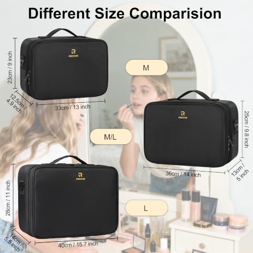 Makeup Case Large Makeup Bag Professional Train Case 14 inches Travel Cosmetic Organizer Brush Holder Waterproof Makeup Artist Storage Box (Medium / Black 2-Layer)