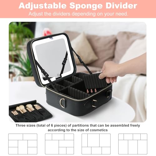 Travel Makeup Bag with Mirror Travel Makeup Organizer Makeup Case (BLACK)