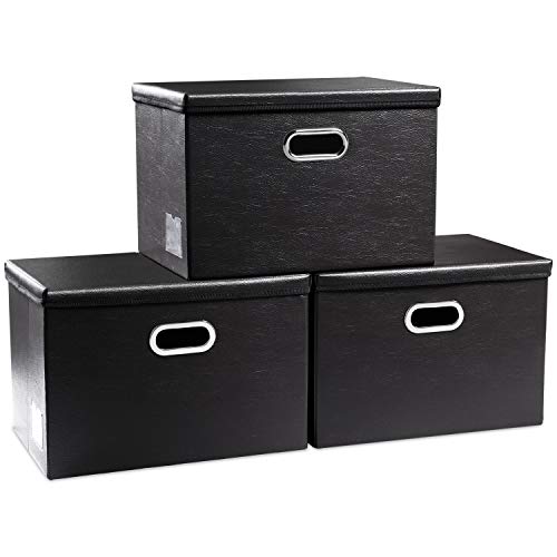 Large Foldable Storage Bins with Lids [3 (Black / Large(3-Pack))