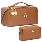 Initial Makeup Bag Personalized Gift for Women Teen Girls (Brown / A)