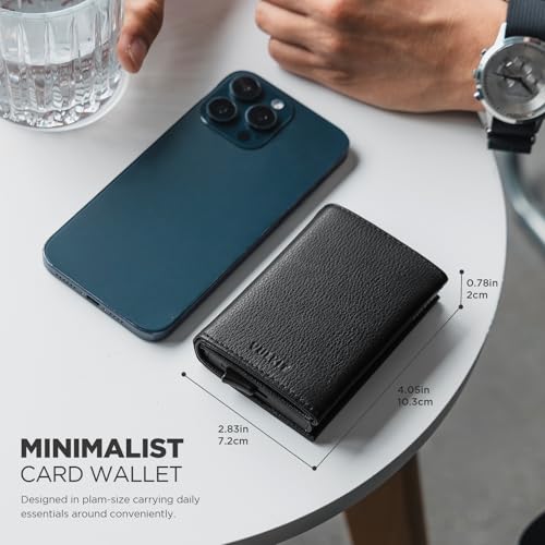 Pop up Card Wallet Minimalist Cash Wallets RFID Blocking Leather Smart Credit Card Holder with ID window for Men (Top-Grain Cowhide Litchi Black)