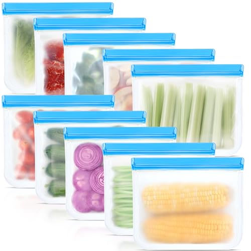 10 Pack Reusable Silicone Food Storage Bags (Blue (Large_10p))