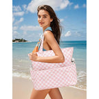 Waterproof Beach Tote Pool Bags for Women Ladies Extra Large Gym Tote Carry On Bag With Wet Compartment for Weekender Travel (Checked Pink White)