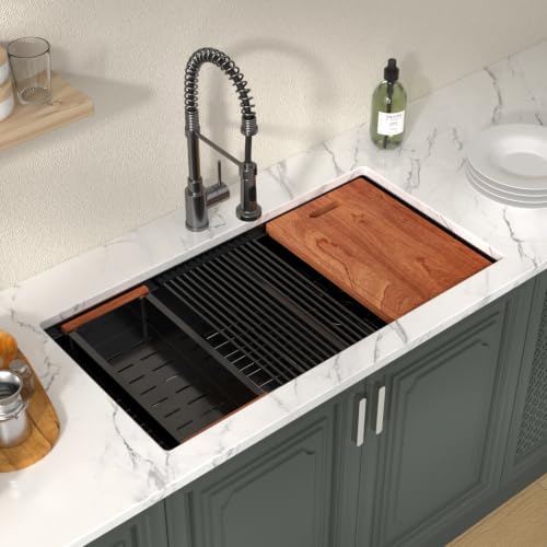 33 Inch Matte Black Double Bowl Kitchen Sinks Undermount (Matte Black-Workstation / 33''x19''-60/40)