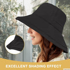 Sun Hats for Women Wide Brim Ponytail UV Protection Beach Hat Packable Waterproof Bucket Hat for Travel Hiking Gardening (Black)
