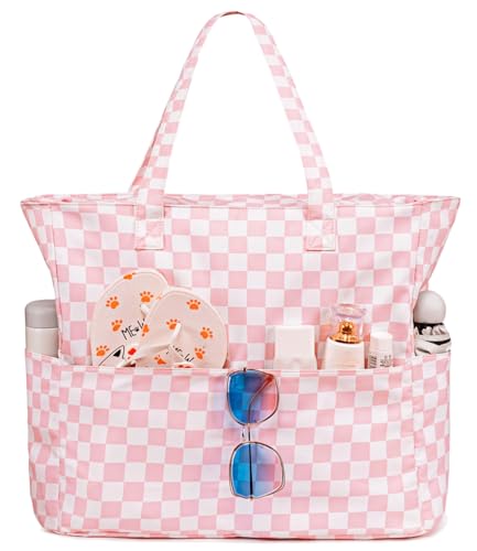 Waterproof Beach Tote Pool Bags for Women Ladies Extra Large Gym Tote Carry On Bag With Wet Compartment for Weekender Travel (Checked Pink White)