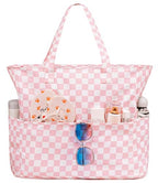 Waterproof Beach Tote Pool Bags for Women Ladies Extra Large Gym Tote Carry On Bag With Wet Compartment for Weekender Travel (Checked Pink White)
