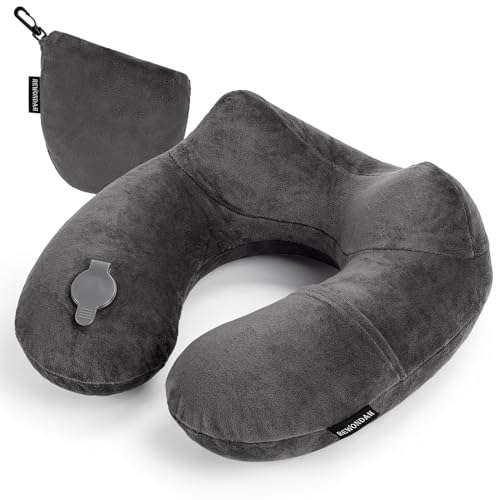 Inflatable Travel Pillow for Sleeping Airplane (Dark Grey / M-Shape)
