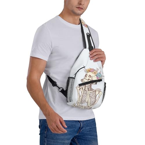 Sling Bag Skeleton Flower Skull Hiking Daypack Crossbody Shoulder Backpack Travel Chest Pack for Men Women (B0154)