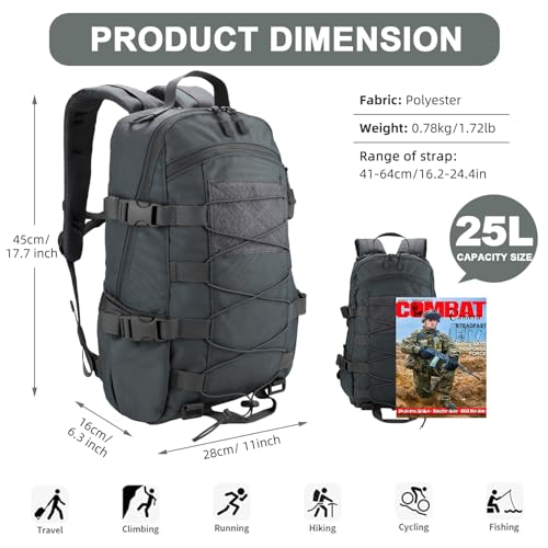 25L Hiking Backpack Small Tactical Backpack Daypack Camping Trekking Hunting Molle Pack for Men Women (Grey)
