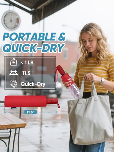 Windproof Travel Umbrellas for Rain and Sun (Clear-Red / 1 PK)