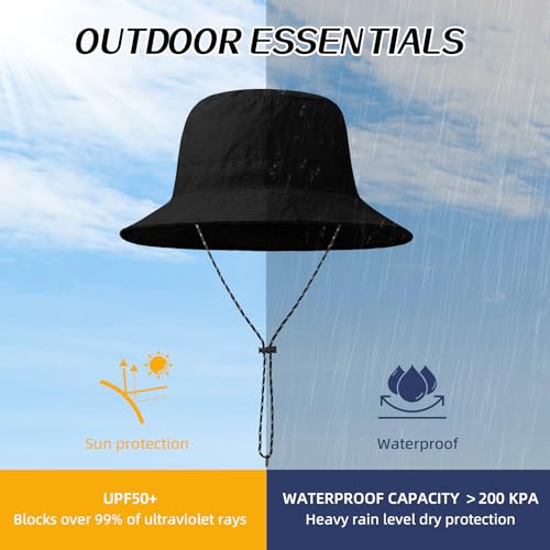Waterproof Bucket Hats for Woman UPF 50+ Sun Hat Black (Black)