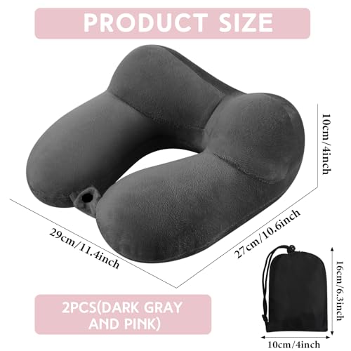 2 Pack Inflatable Travel Neck Pillow Airplane (Dark Gray,light Pink)