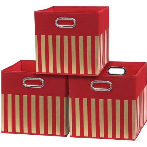 13 Inch Foldable Cube Storage Bins with Handles (3 Pack - 13" x 13" x 13" / Red)