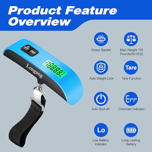 Digital Hanging Luggage Scale with Backlit for Travel (Blue)