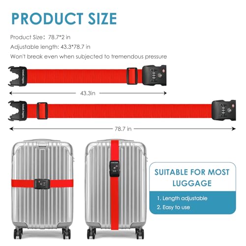 2 Pack Luggage Straps for Suitcases with TSA Lock (Apple Red)