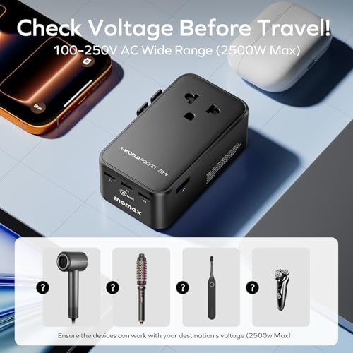 2026 NEW) MOMAX Universal Travel Adapter, Ultra-Thin 70W GaN International Plug Adapter with 3 USB-C, 1 USB-A and AC Outlet, Works in 200+ Countries, Not a Voltage Converter, for International Travel (Black / 70W)