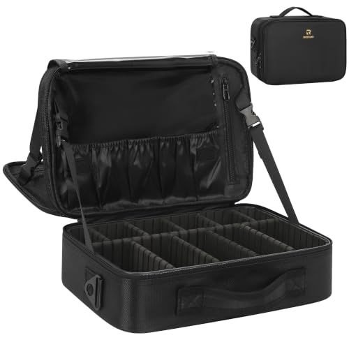Makeup Bag Travel Makeup Train Case Large Cosmetic Case Professional Portable Makeup Brush Holder Organizer and Storage with Adjustable Dividers and Shoulder Strap Black (Medium / Black)