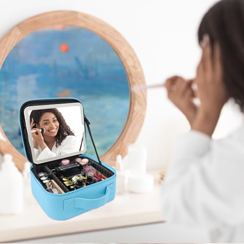 Travel Makeup Bag with LED Mirror Travel Makeup Organizer with 3 Lighted Settings (Blue / With LED Mirror Only)