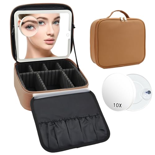 Travel Makeup Bag with LED Mirror and 10x magnifying glass with 3 Lighted Settings (Brown / With LED Mirror and 10x Magnifying Glass)