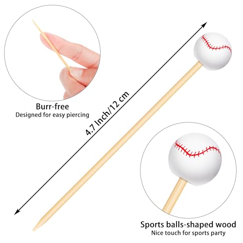 100 Pieces Baseball Decorative Sports Ball End Cocktail Skewers 4.7 Inch Bamboo Cocktail Picks Wooden Decorative Fruit Toothpicks for Appetizers Bar Drinks Fruit Sandwich Buffets Party Supplies (Baseball)