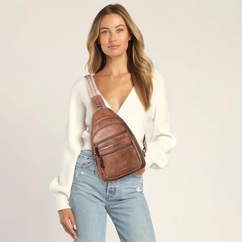 Sling Bag for Women Crossbody Bags Fanny Packs Over Shoulder Bag Sling Purse Backpack Vegan Leather Travel Handbag Purse Gifts Brown (Brown)