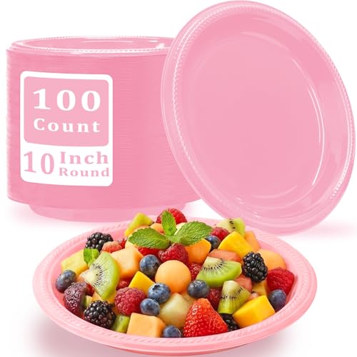 100 Pcs 10 Inch Pink Plastic Plates (Pink / 100 Pcs)