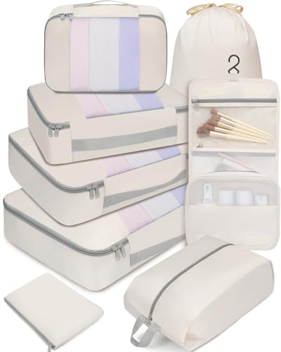 8 Set Packing Cubes Various Sizes Packing Organizer for Travel Accessories Luggage Carry On Suitcase (08-Beige / 8 Set-middle Mesh)