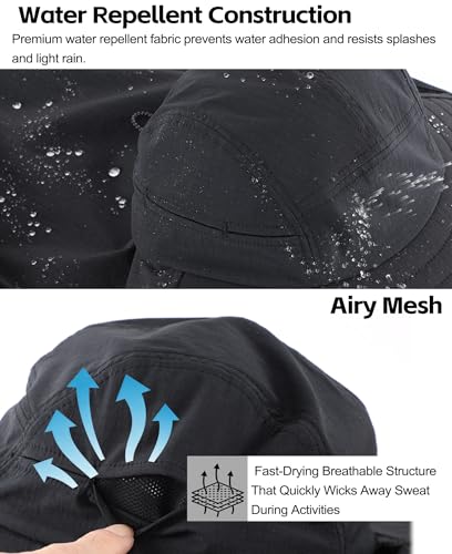 UPF 80+ Sun Hat for Men Women Wide Brim Sun Hat with Neck Flap Summer Beach UV Protection Gardening Fishing Hat (Black)