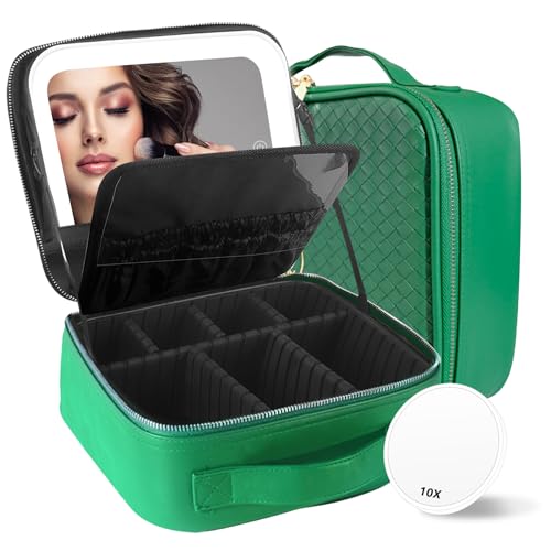 Travel Makeup Bag Cosmetic Bag Makeup Organizer Bag with Lighted Mirror (Fresh Green / Woven)