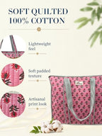 100% Cotton Quilted Tote Bag For Women (Pink Meadow)