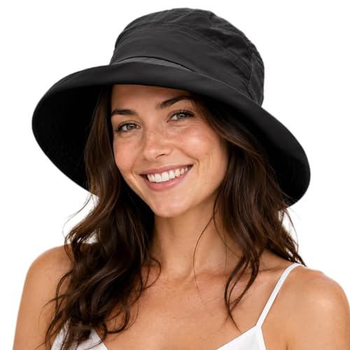 UVCoolix UPF 50+ Wide Brim Ponytail Sun Hat (Large-X-Large / Black)