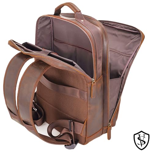 Angelo 17.3" Vintage Full Grain Leather Laptop Backpack for Men (Dark Brown)