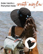 Sun Hats for Women Wide Brim Bucket Hat Ponytail Hole Outdoor UPF (Black)