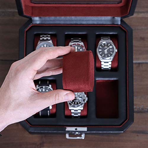 6 Slot Leather Watch Box with Valet Drawer (6 Slot - Black / Red)