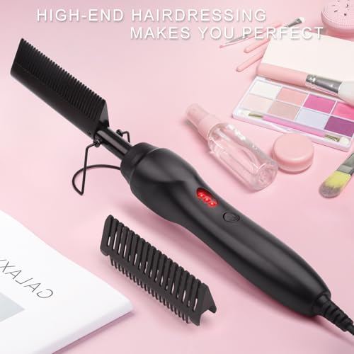 Electric Hot Comb Hair Straightener Heat Pressing Comb Curling Flat Iron Curler Hair Straightener Brush for Natural Black (Black-3-gear)