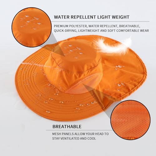Outdoor UPF50+ Sun Hat Wide Brim Mesh Fishing Hat with Neck Flap (Large-X-Large / Orange)